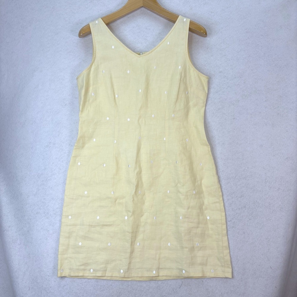 Vintage Yellow Linen Embroidered Sheath Dress Womens 12 Cottagecore Summer Boho
